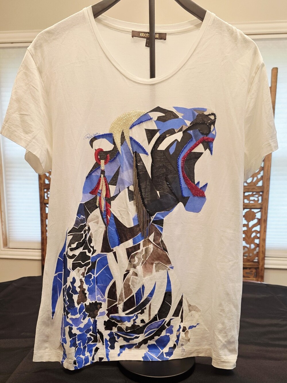Roberto Cavalli White Graphic Tiger Tee with Blue, Black and Red Accents
